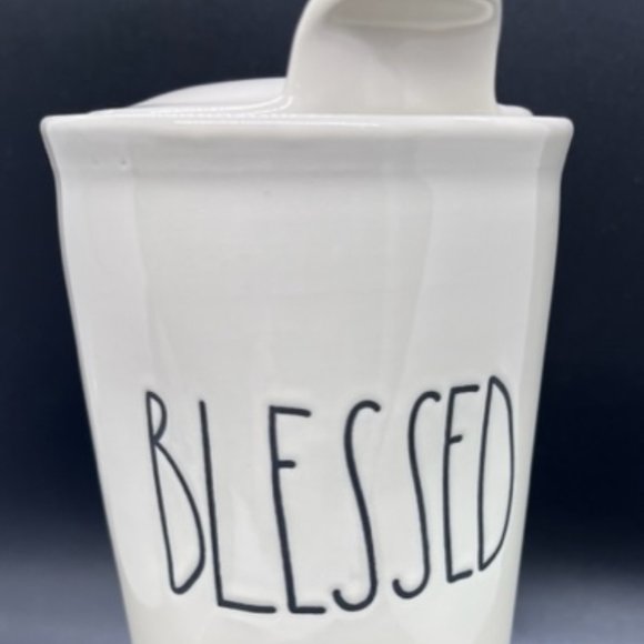 Rae Dunn BLESSED Ceramic Mug Cup Tumbler Travel Ivory White w/ Lid Artisan Coll. - Picture 1 of 7